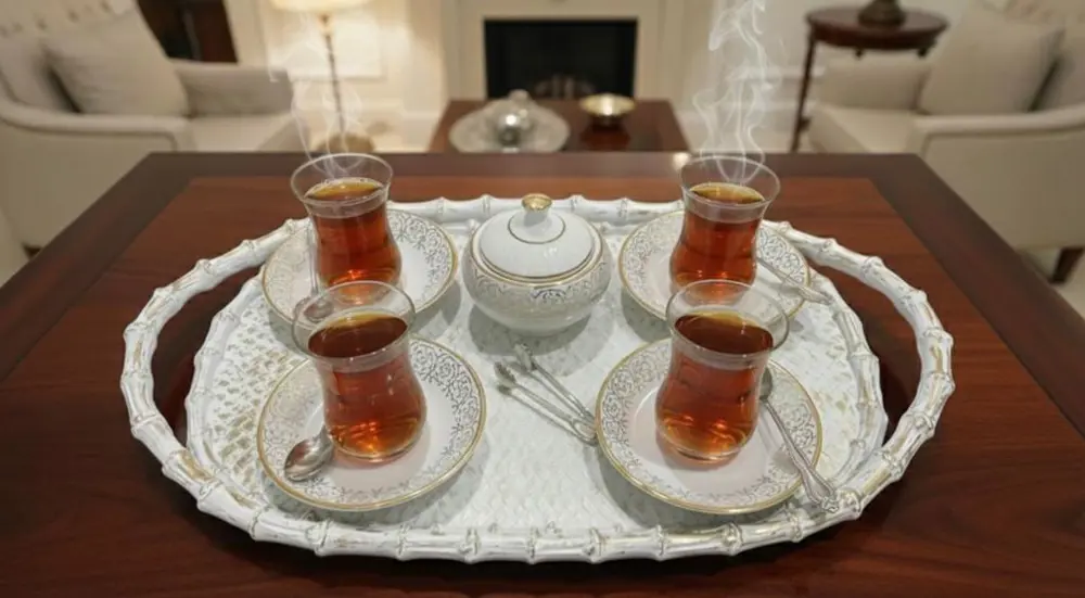 Çay Sunum Tepsisi Hasır Görünümlü Şık Polyester Tepsi Çay Sunum Tepsisi Hasır Görünümlü Şık Polyester Tepsi
