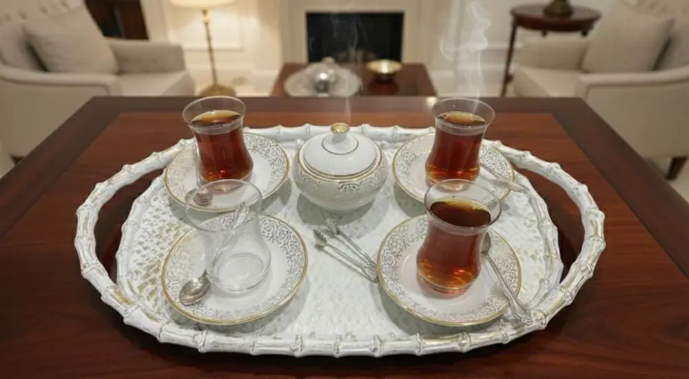Çay Sunum Tepsisi Hasır Görünümlü Şık Polyester Tepsi Çay Sunum Tepsisi Hasır Görünümlü Şık Polyester Tepsi