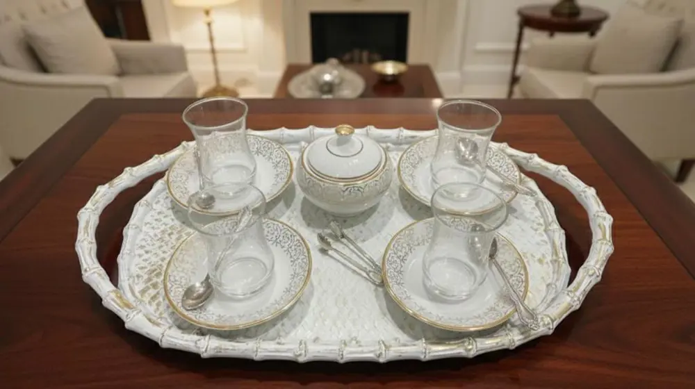 Çay Sunum Tepsisi Hasır Görünümlü Şık Polyester Tepsi Çay Sunum Tepsisi Hasır Görünümlü Şık Polyester Tepsi