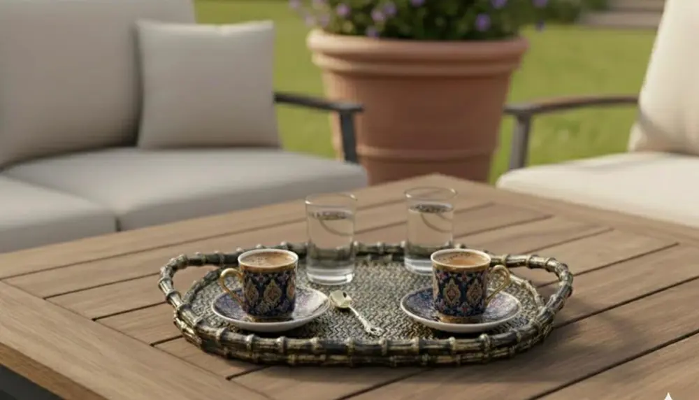 Çay Sunum Tepsisi Hasır Görünümlü Şık Polyester Tepsi Çay Sunum Tepsisi Hasır Görünümlü Şık Polyester Tepsi