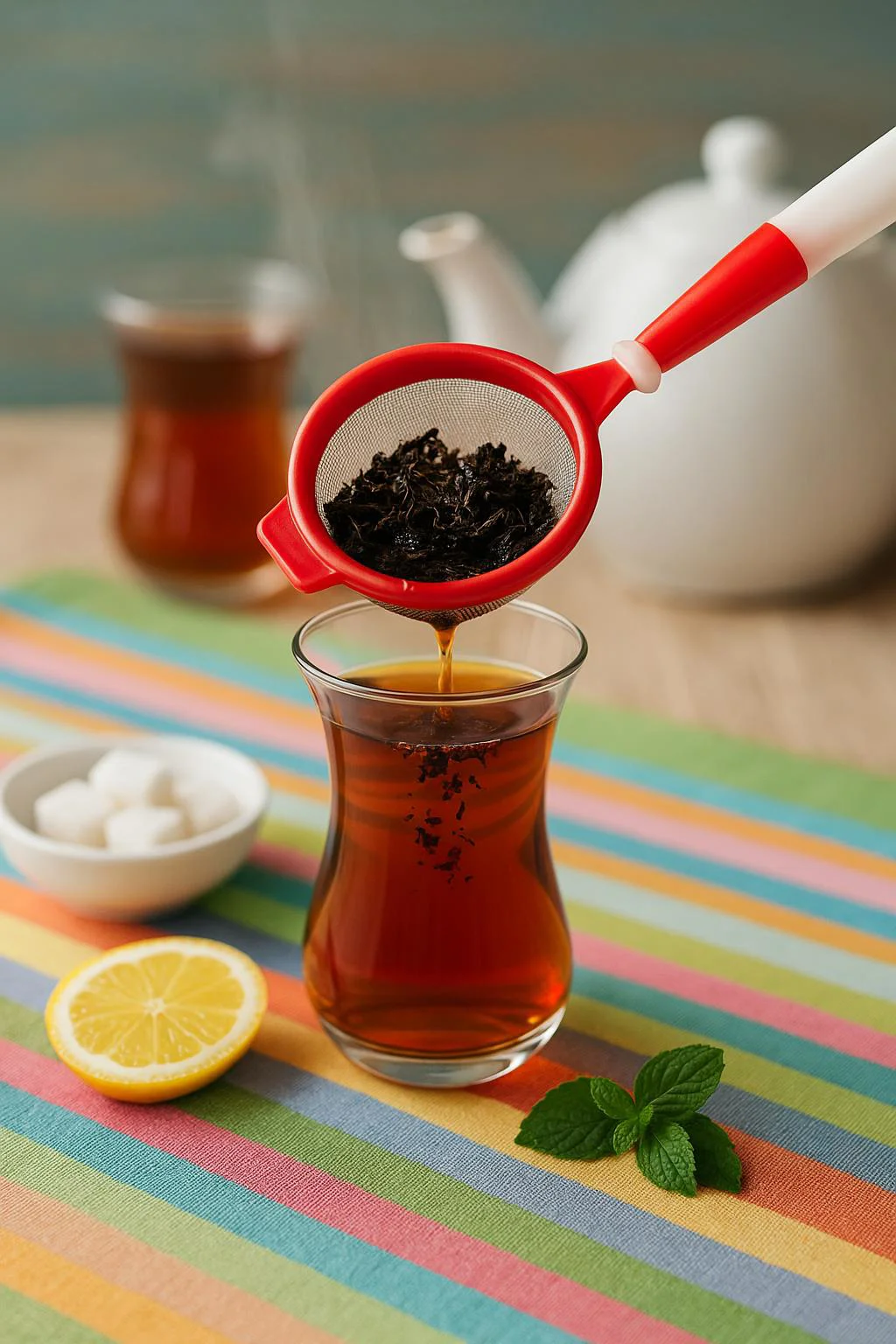 Çay Süzgeci - Saplı Demlik Süzgeci | Çay Posası Süzme | Kırmızı