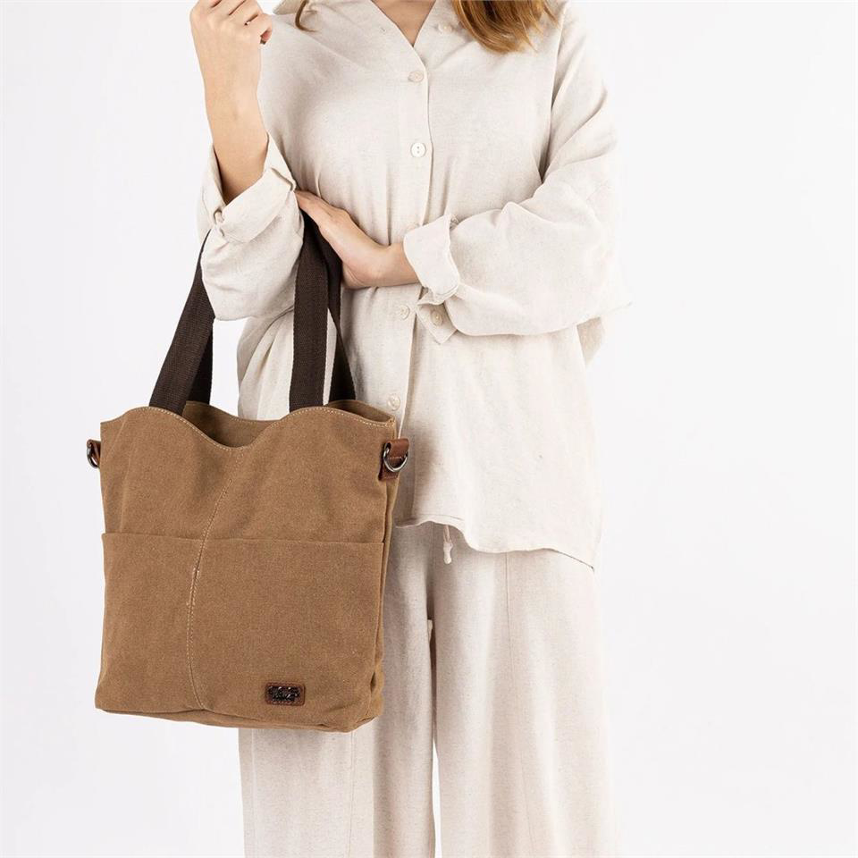 Ççs  31489 Çift Bölmeli Kanvas Kadın El Ve Omuz Çanta Kahve