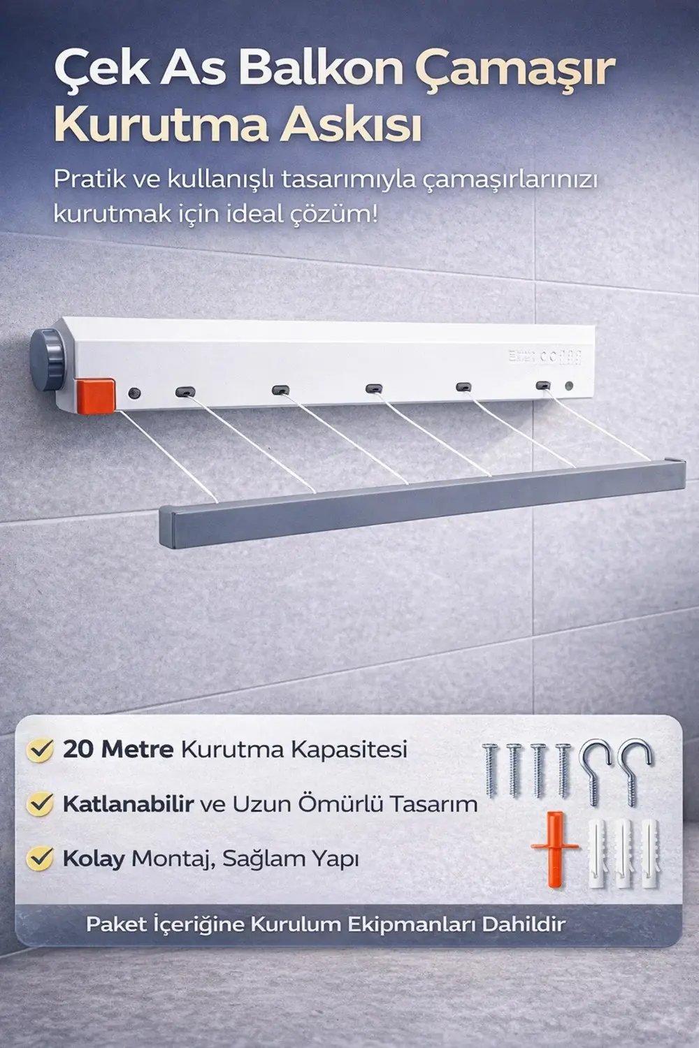 Çek As Balkon Çamaşır Kurutma Askısı – 5 İpli 20 Metre Dar Alanda