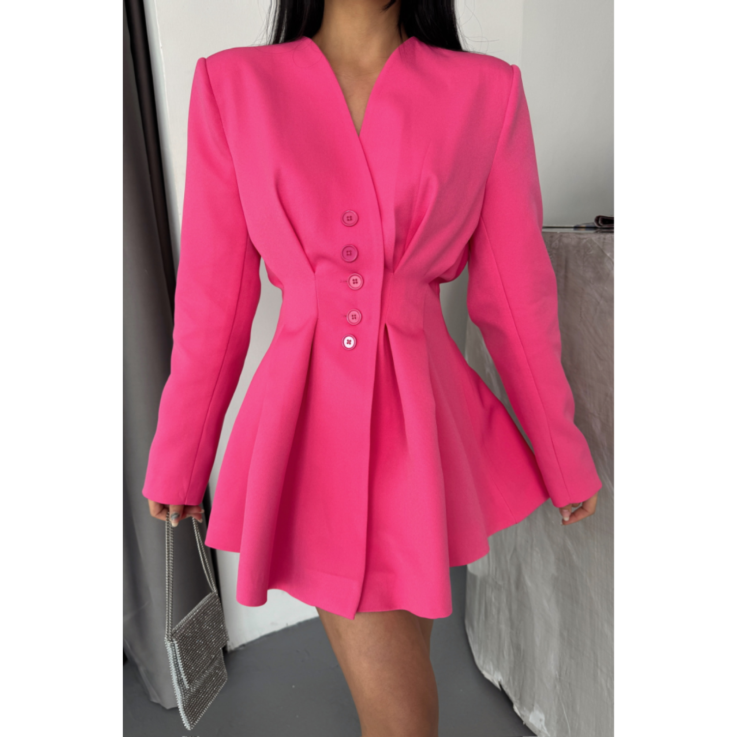 CEKET ELBİSE PENS DETAYLI - Pembe