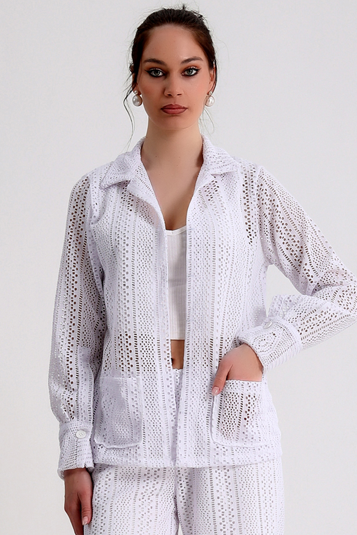 Dreamlike Ceket Yaka Manşetli Uzun Kollu Çift Cepli Rahat Kalıp Dantel Hırk