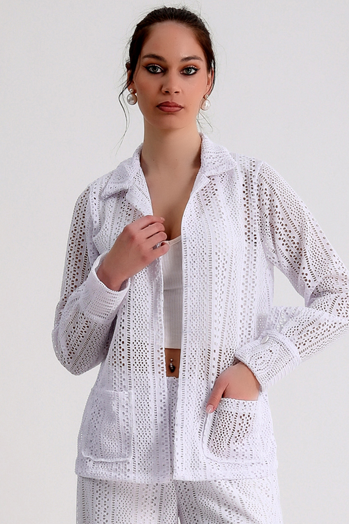Dreamlike Ceket Yaka Manşetli Uzun Kollu Çift Cepli Rahat Kalıp Dantel Hırk