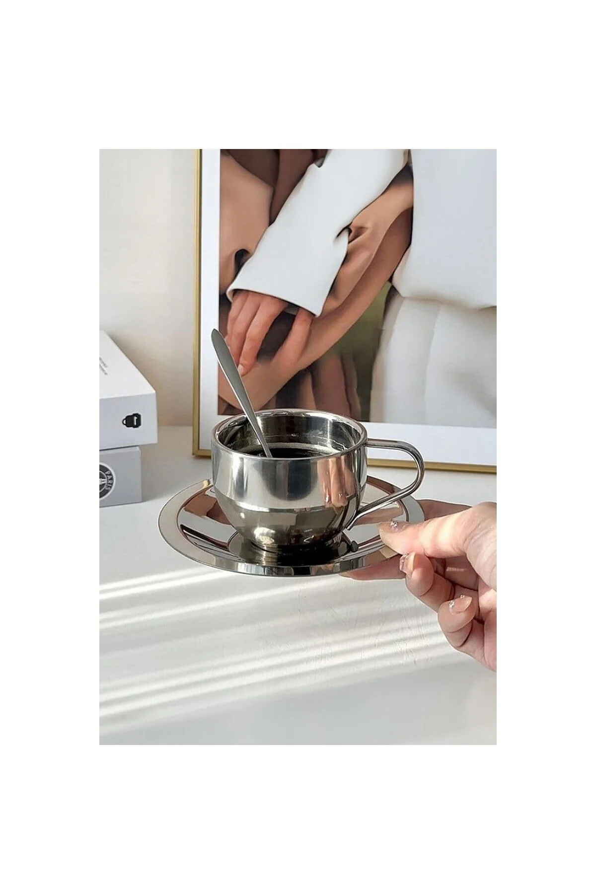 Çelik 4 Adet 180 ml Çift Cidar Espresso Kahve Fincan Set Sunum Ba