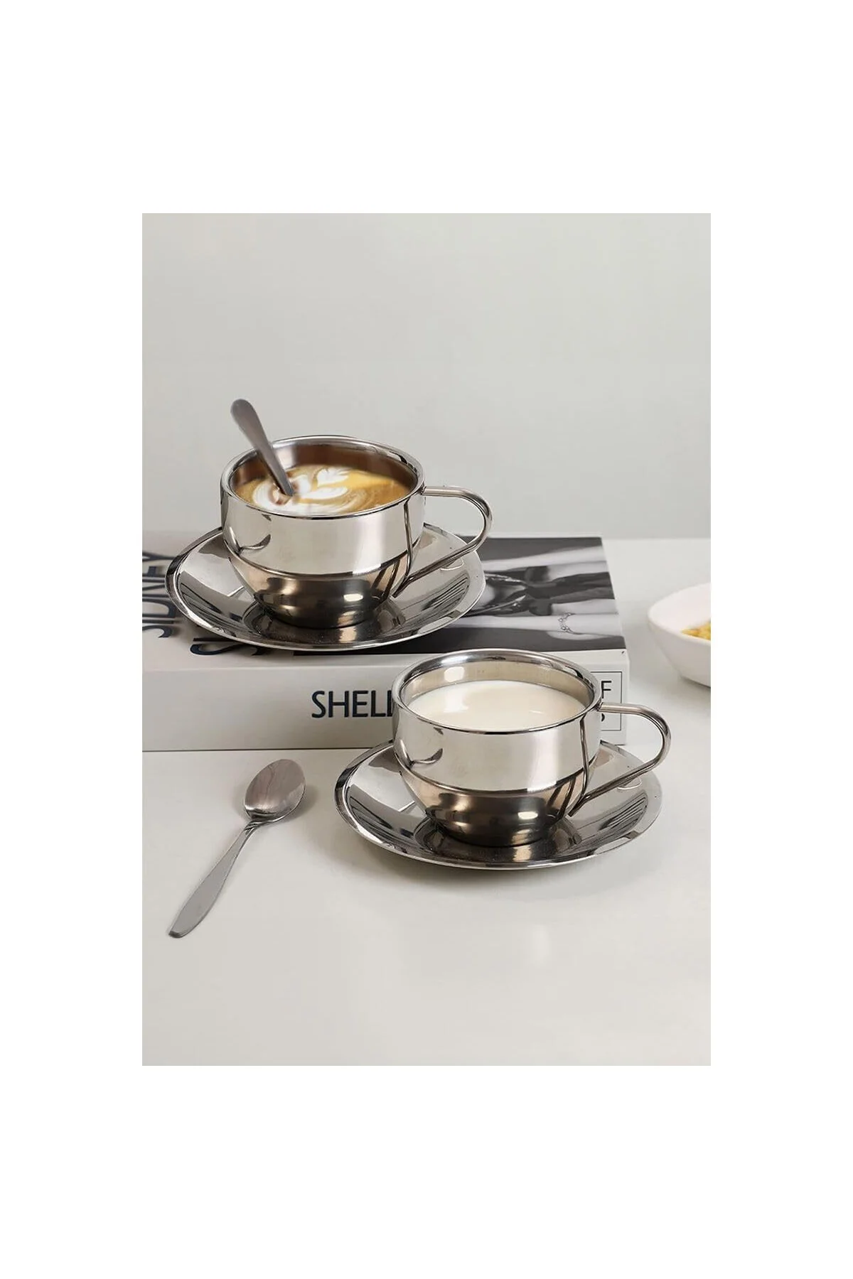 Çelik 4 Adet 180 ml Çift Cidar Espresso Kahve Fincan Set Sunum Ba