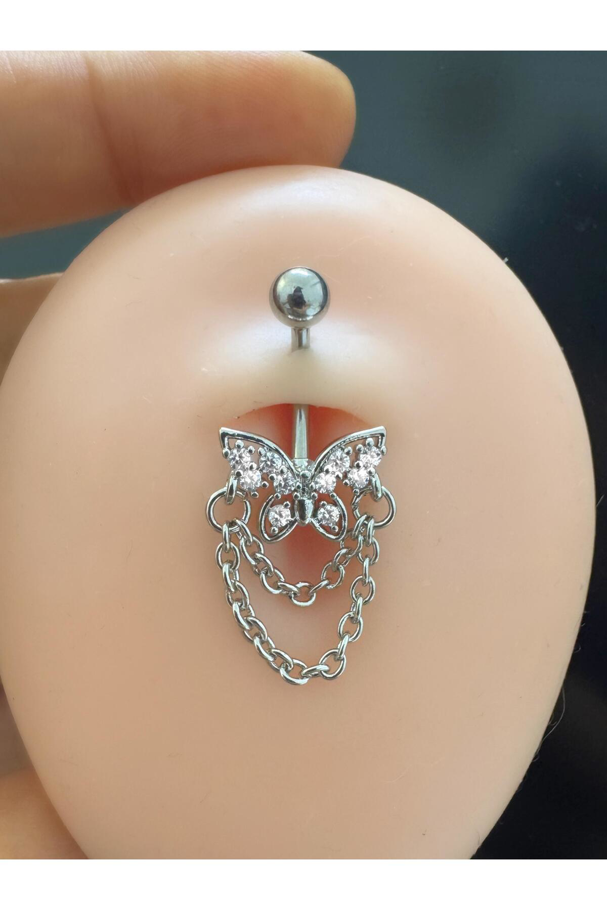 Arescollection Çelik Barli Zirkon Taşli Zincir Sallantili Kelebekli Göbek Pierci