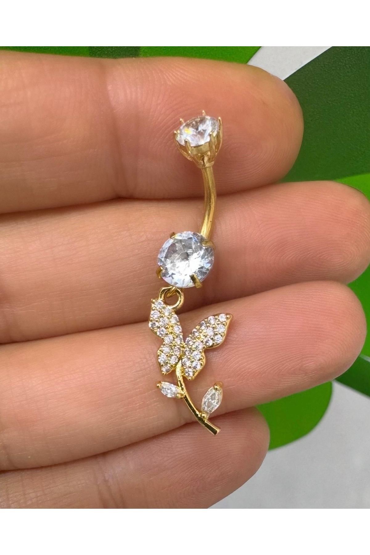 Çelik barlı zirkon taşlı kelebek sallantılı göbek piercingi