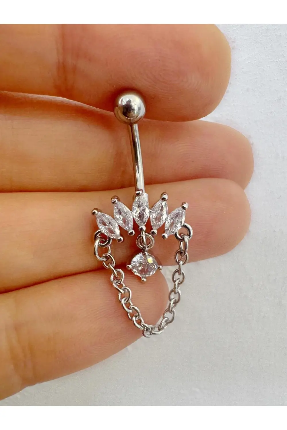 Arescollection Çelik Barli Zirkon Taşli Zincir Sallantili Göbek Piercingi