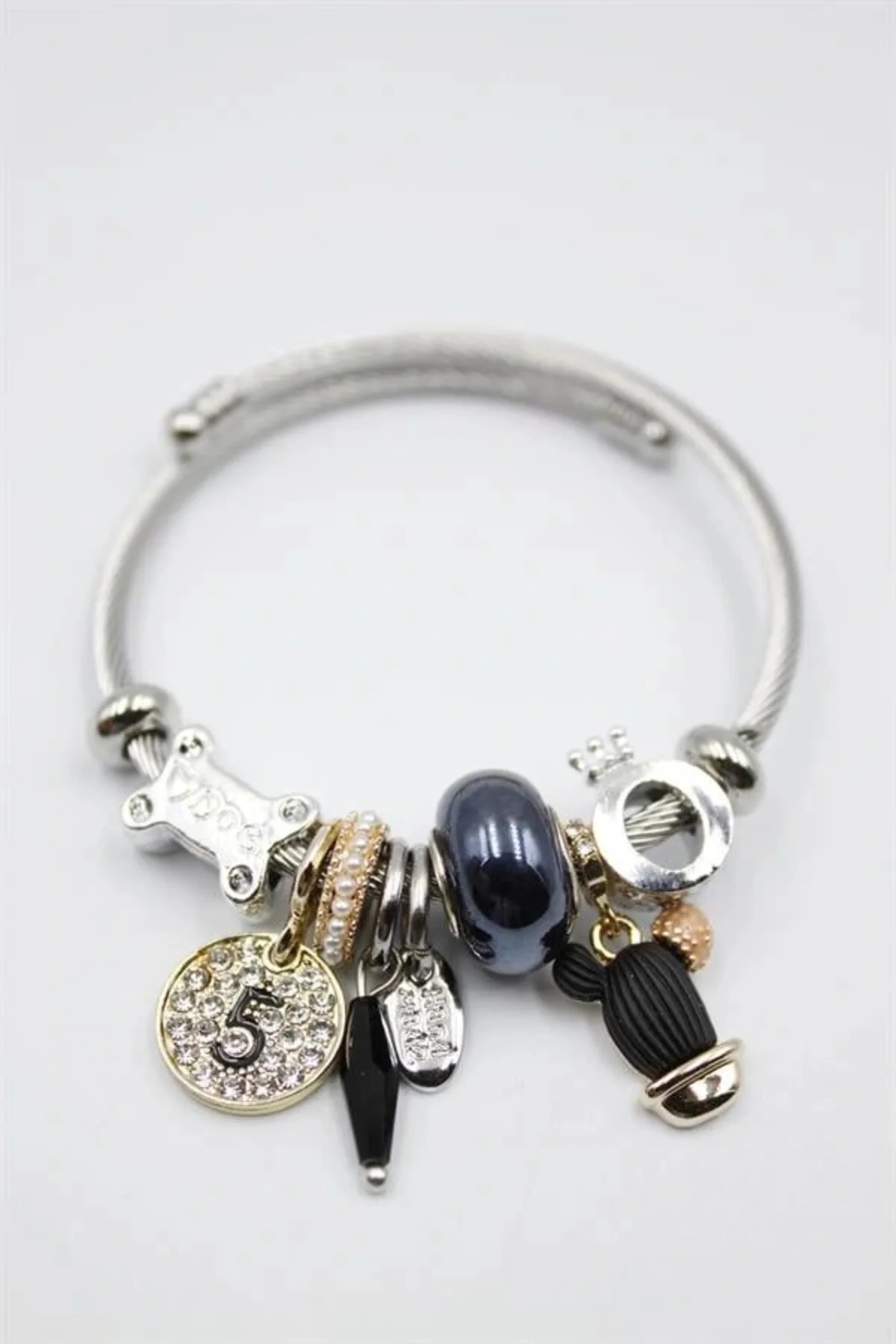 Çelik Charmlı Kaktüs Bilezik - Siyah