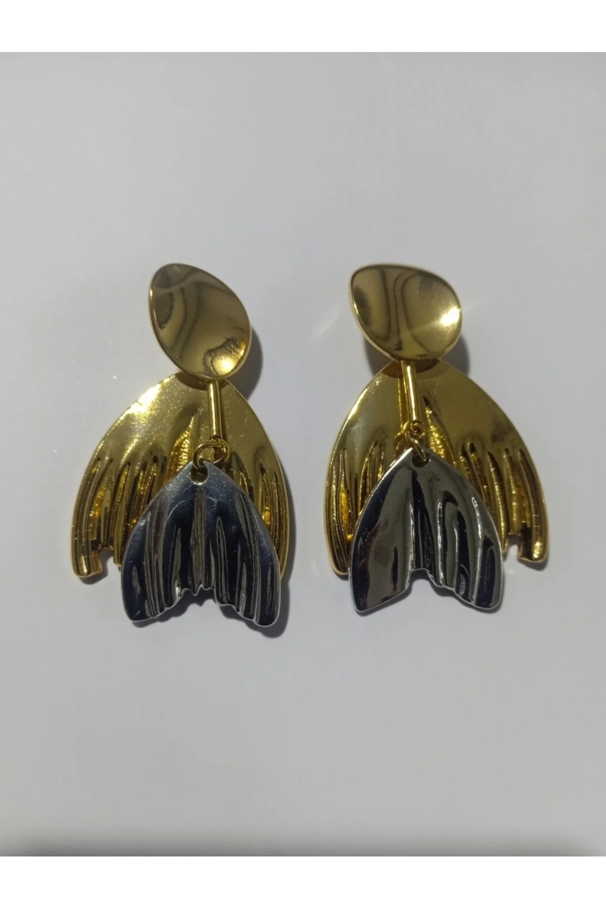 Çelik Çift Yaprakli Gold Silver Küpe