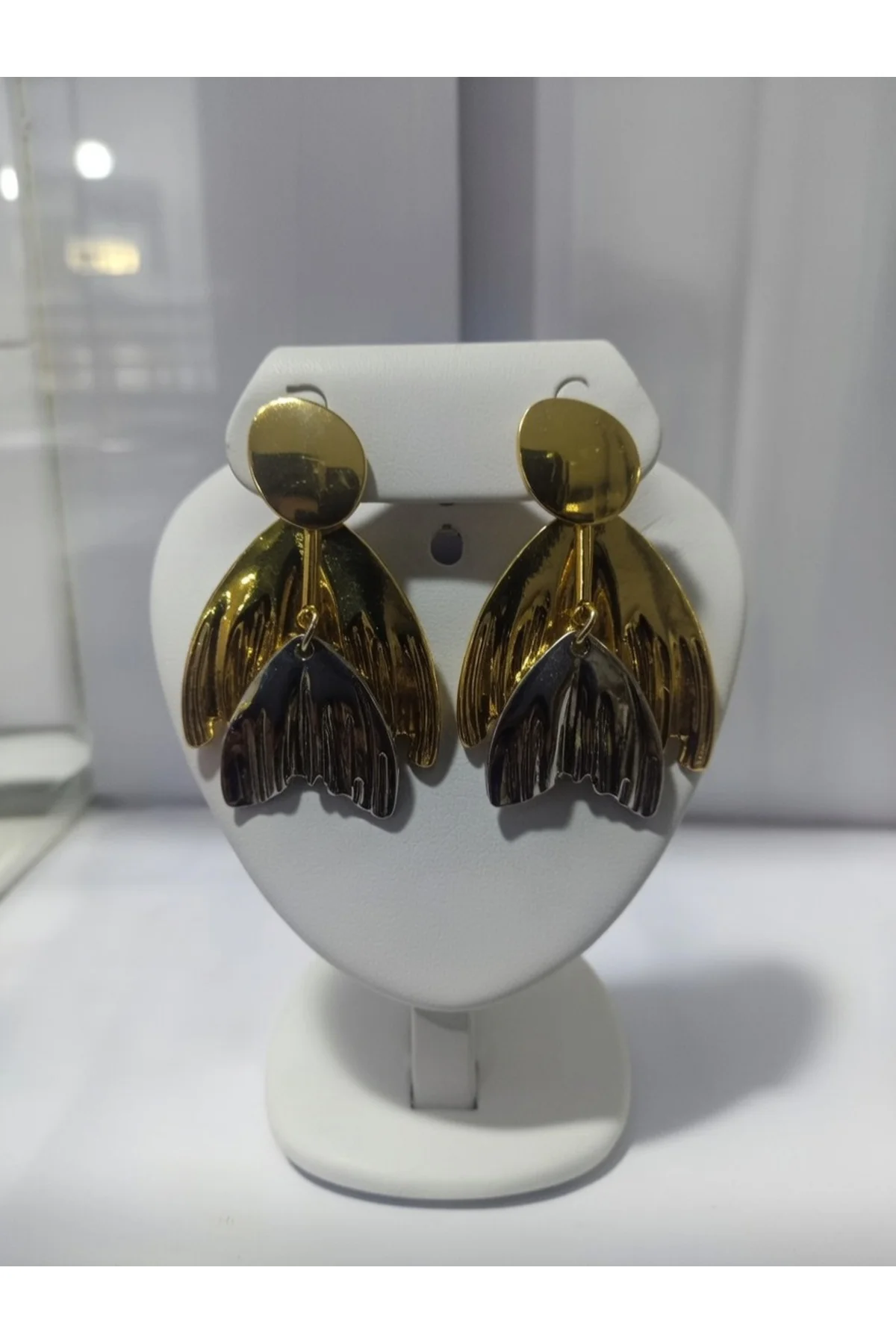 Çelik Çift Yaprakli Gold Silver Küpe