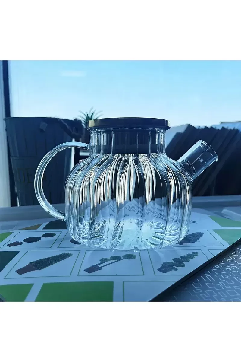 Çelik Kapaklı Borosilikat Dilimli Model Süzgeçli Cam Demlik Bitki