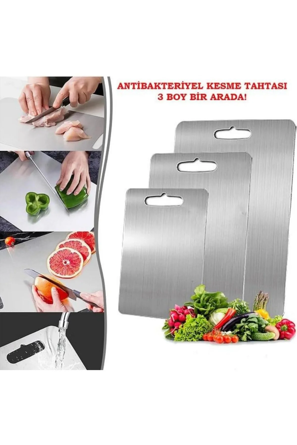 Çelik Kesme Tahtası 3'lü Set Paslanmaz Çelik Gıda Temasına Uygun 