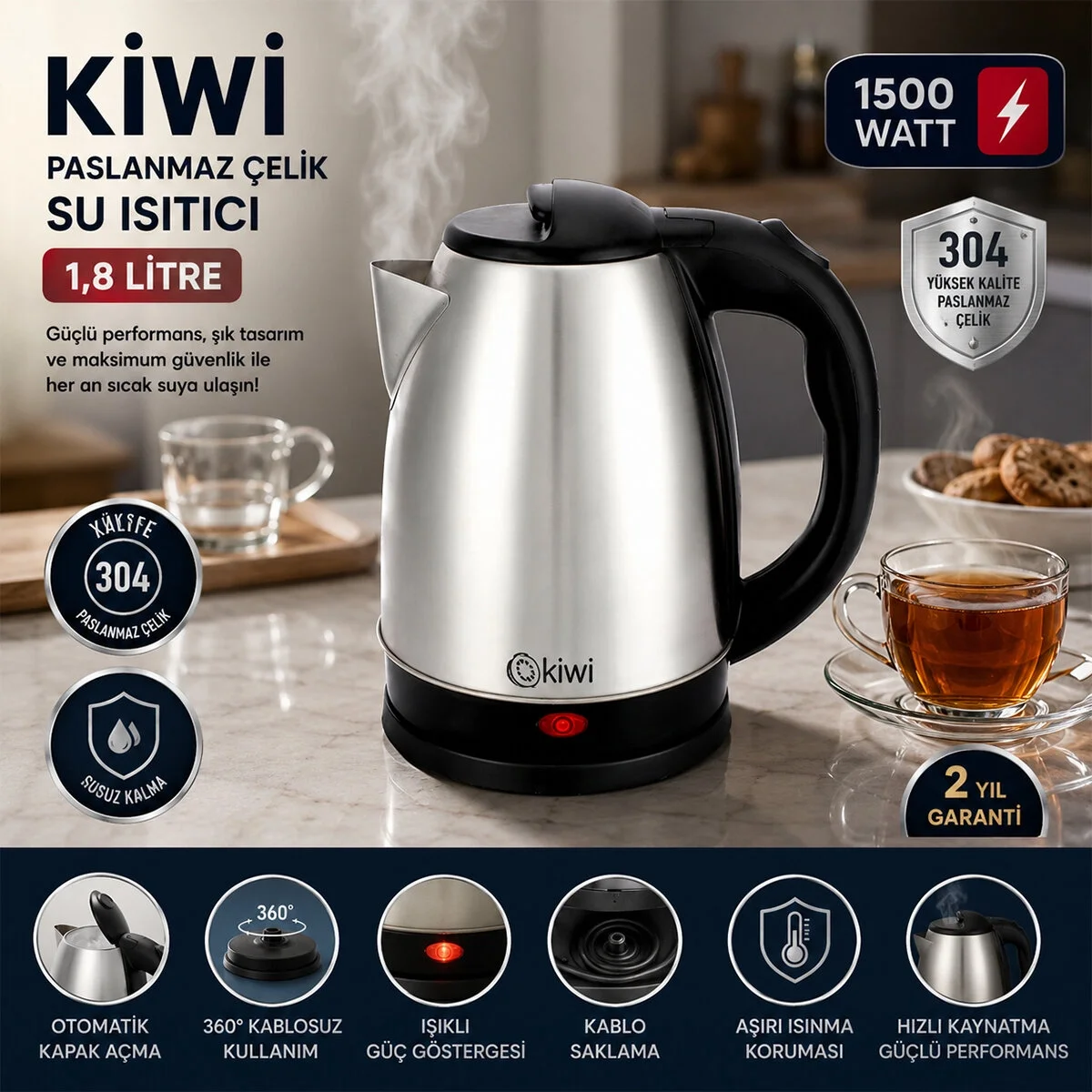 Çelik Kettle Elektrikli Su Isıtıcısı Paslanmaz Çelik Gizli Rezistans 360° 1.8lt 1500w Kk-3331 Bx40