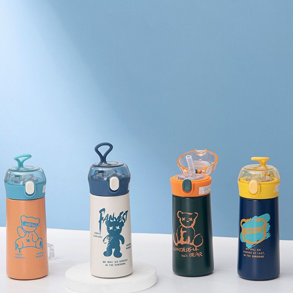 Çelik Matara Silikon Pipetli Ayıcıklı Suluk- Beyaz