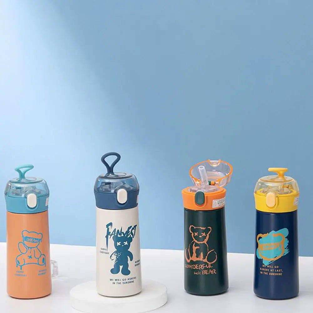 Çelik Matara Silikon Pipetli Ayıcıklı Suluk- Mavi