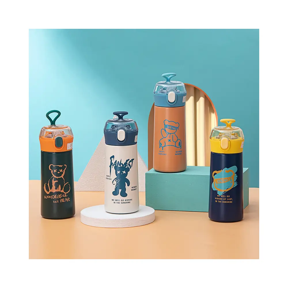 Çelik Matara Silikon Pipetli Ayıcıklı Suluk- Mavi