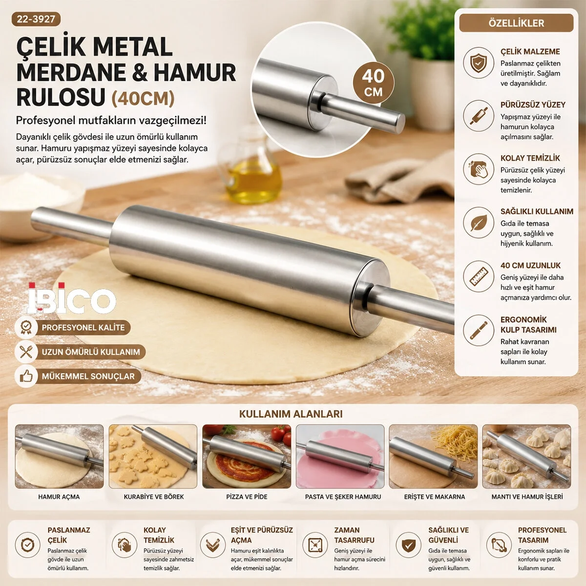 Çelik Metal Merdane - Hamur Rulosu 40cm Bx40 Fiyatı, Yorumları ve Özellikleri