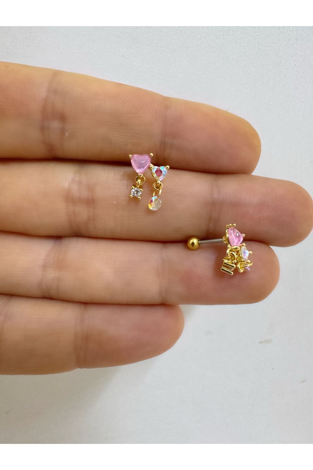 Çelik pembe  kalpli tek taş sallantılı tragus helix conch lobe fl