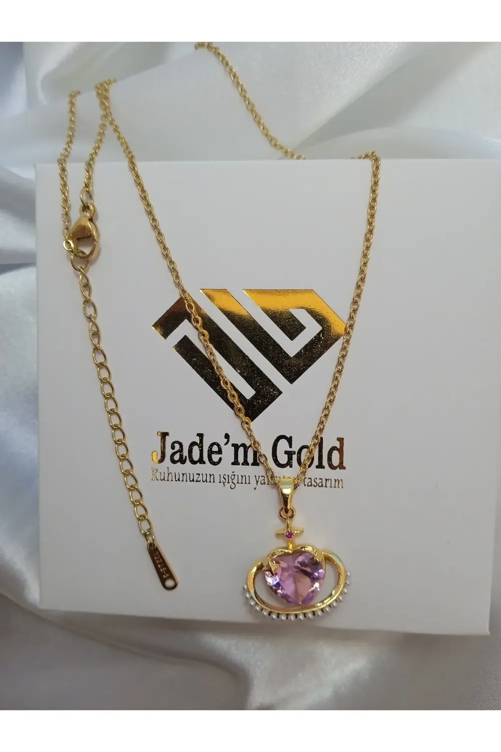 Çelik pembe taşlı kalpli kolye