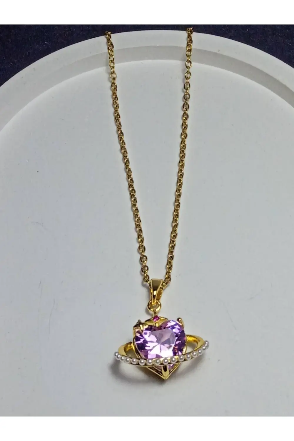 Çelik pembe taşlı kalpli kolye