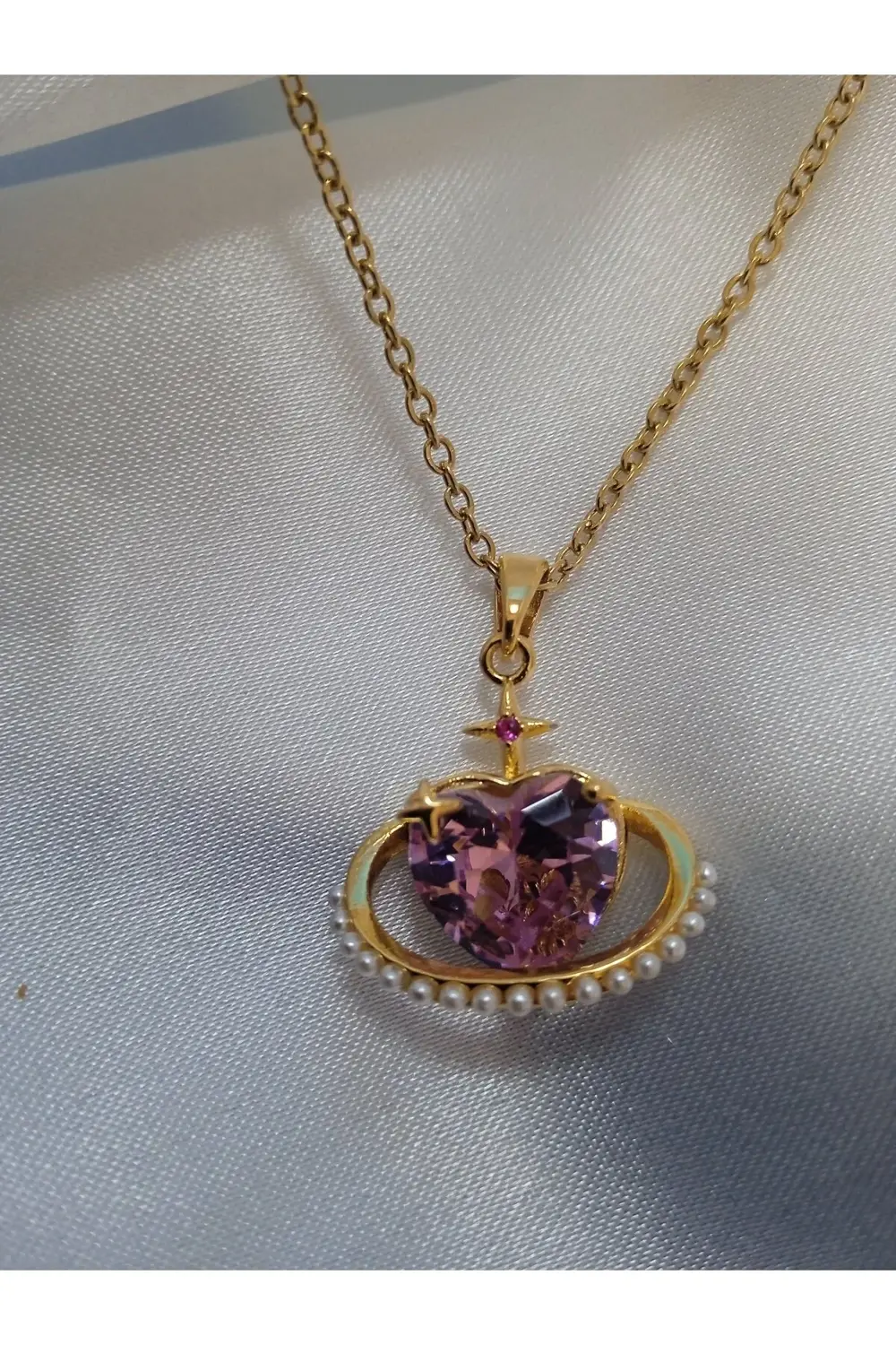 Çelik pembe taşlı kalpli kolye