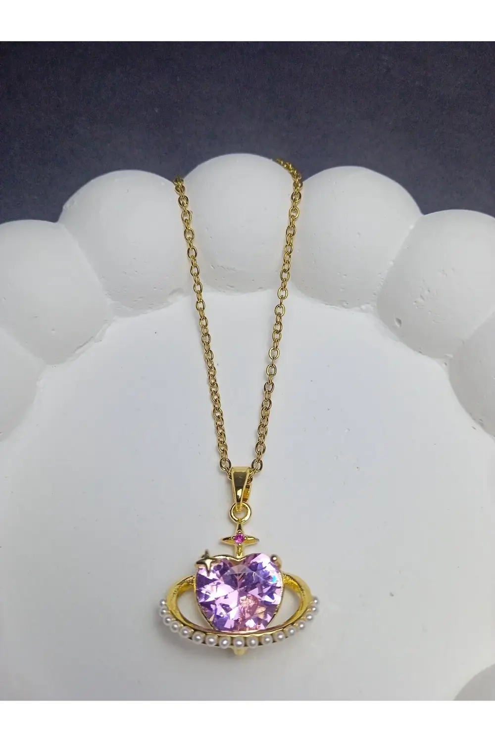 Çelik pembe taşlı kalpli kolye