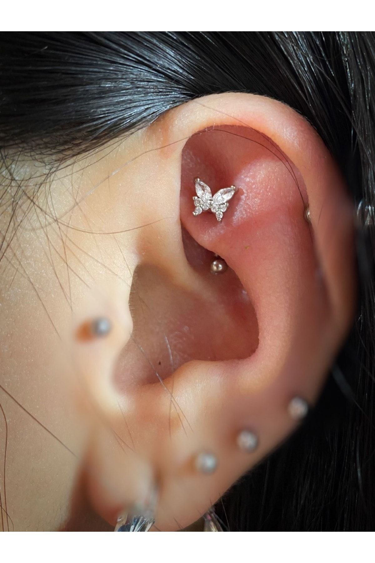 Çelik Rook Kaş Kelebek Detay Zirkon Taşlı Piercing