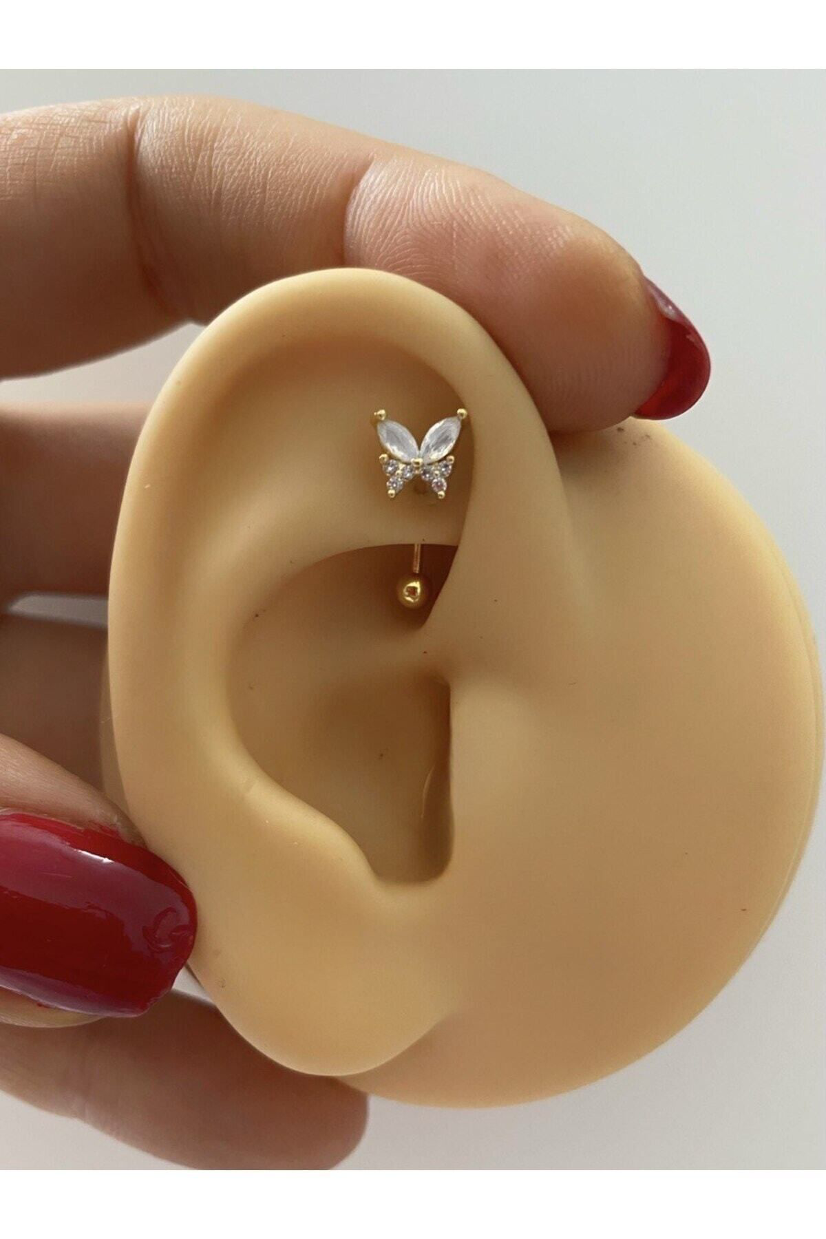 Arescollection Çelik Rook Kaş Kelebek Detay Zirkon Taşlı Piercing