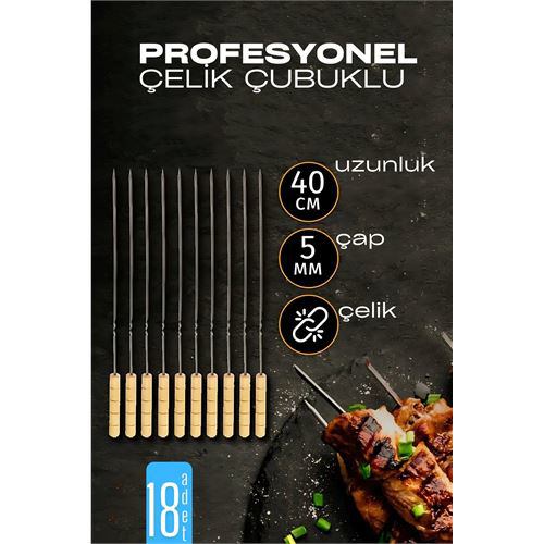 Çelik Şiş Çubuğu - Mangal Şişi Ahşap Saplı Kebap Şişi 18 Adet Çelik Şiş Çubuğu - Mangal Şişi Ahşap Saplı Kebap Şişi 18 Adet