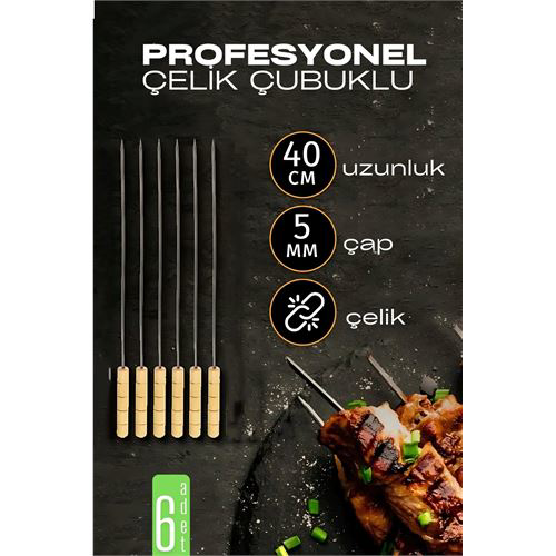 Çelik Şiş Çubuğu - Mangal Şişi Ahşap Saplı Kebap Şişi 6 Adet Çelik Şiş Çubuğu - Mangal Şişi Ahşap Saplı Kebap Şişi 6 Adet
