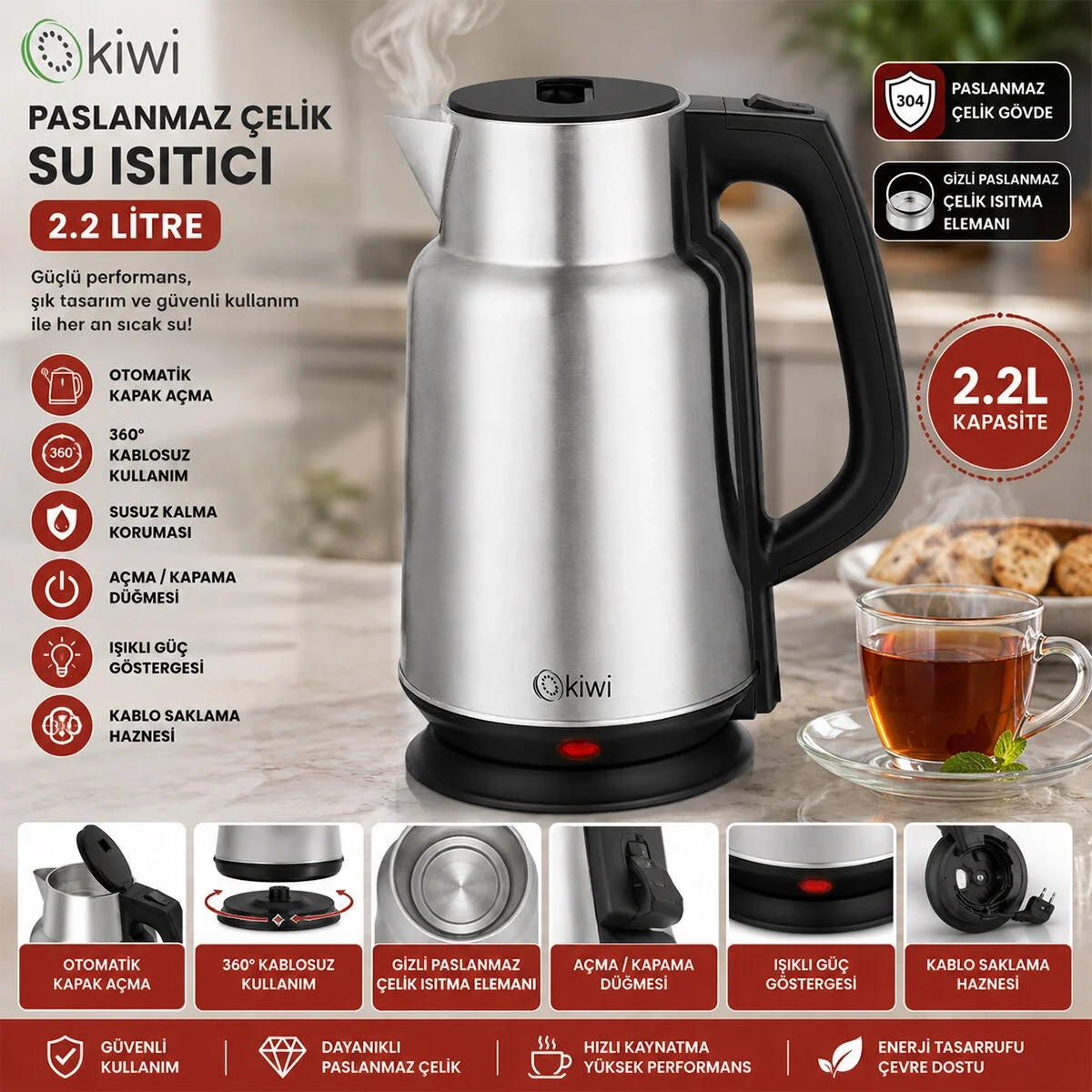 Çelik - Sürahi Model Kettle Elektrikli Su Isıtıcısı Paslanmaz Çelik Gizli Rezistans 360° 2.2lt 1500w Kk-3334 Bx40 Fiyatı, Yorumları ve Özellikleri