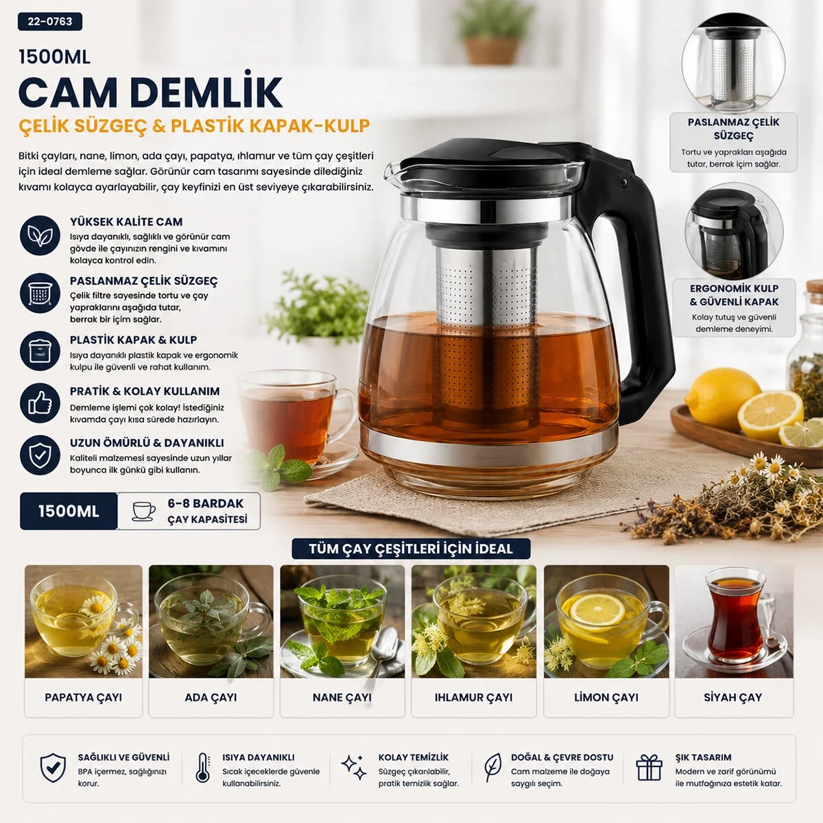 Çelik Süzgeçli Cam Demlik 1500ml Bx40 Fiyatı, Yorumları ve Özellikleri