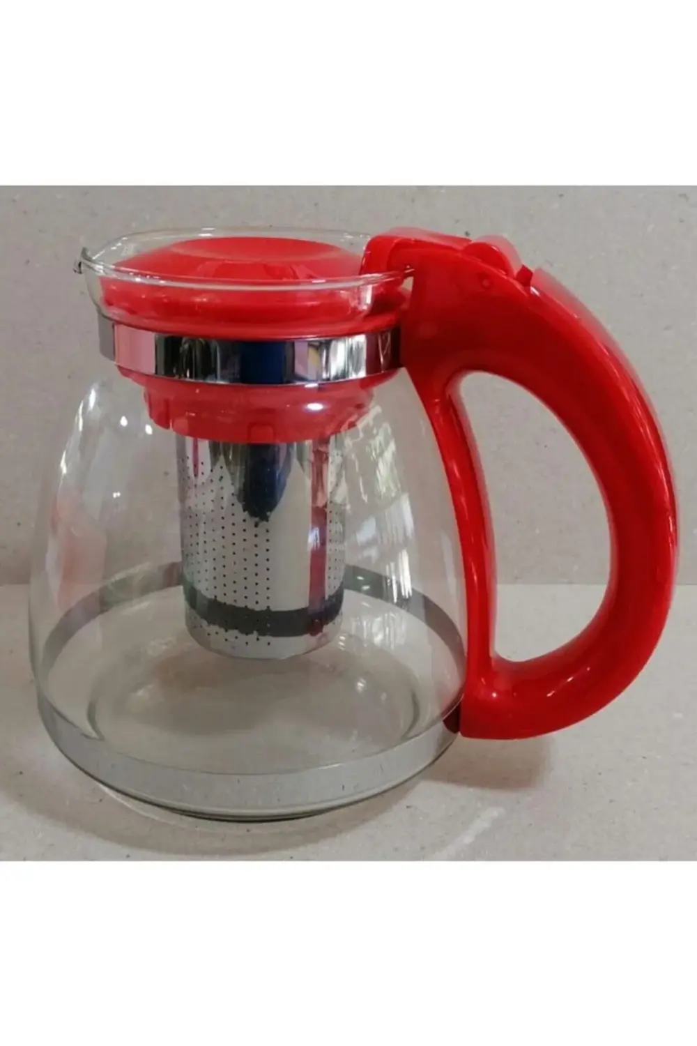 Çelik Süzgeçli Cam Demlik Kırmızı