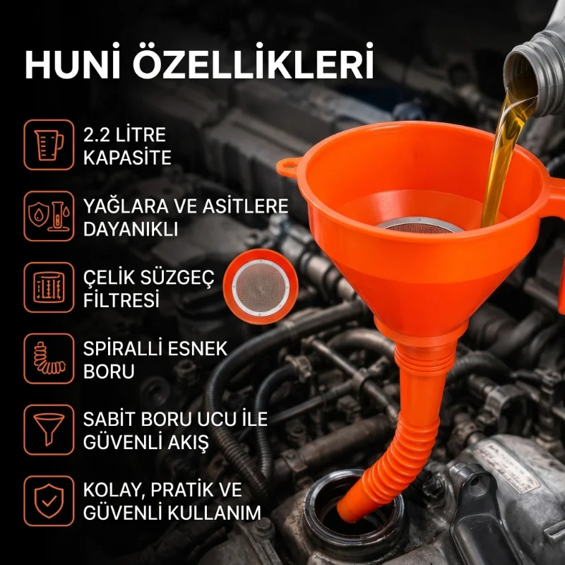Çelik Süzgeçli Huni - Spiralli ve Sabit Borulu - 2.2 Litre Kapasi