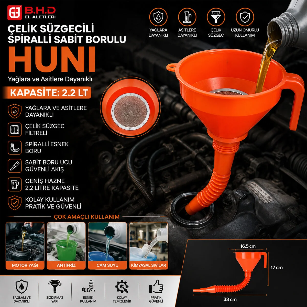 Çelik Süzgeçli Spiralli Huni Sabit Borulu 2.2LT Fiyatı, Yorumları ve Özellikleri