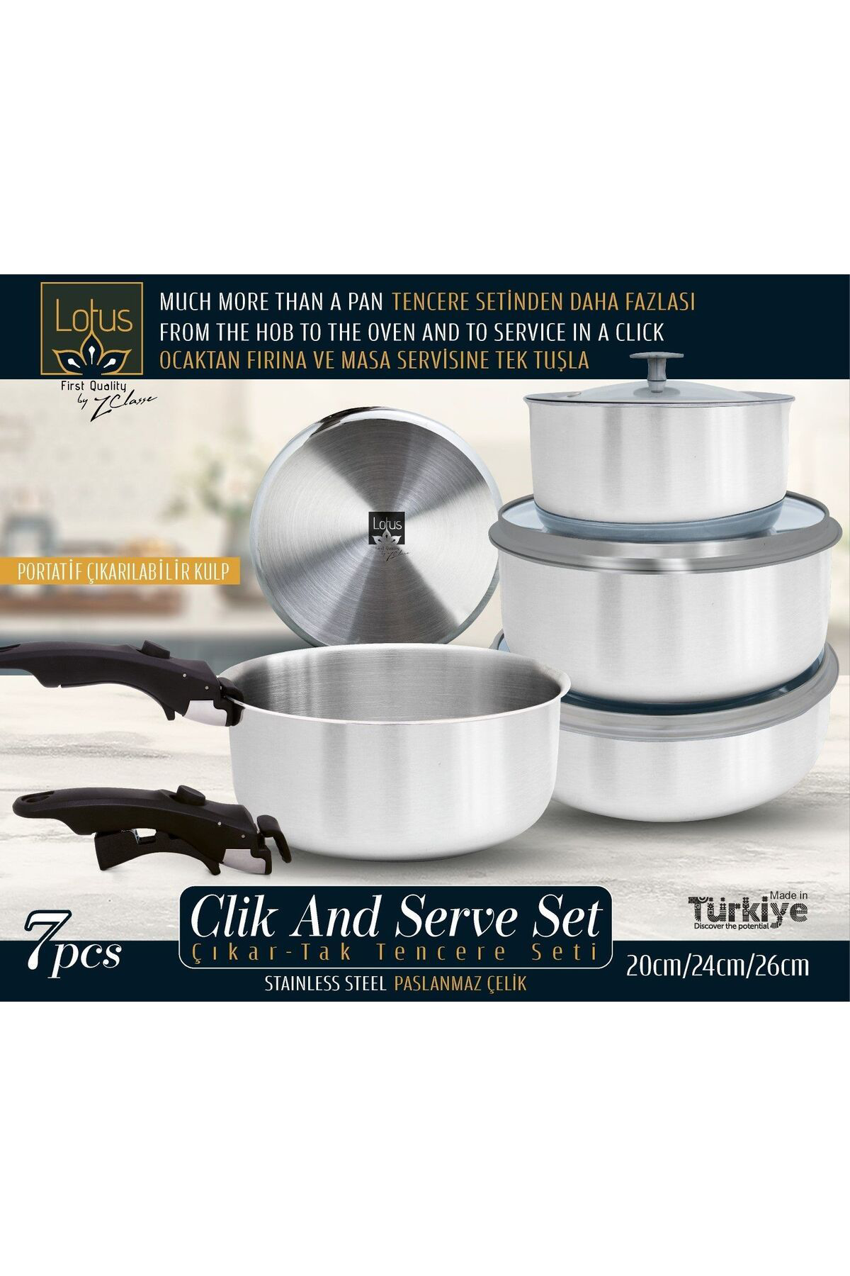 Lotus Çelik Tencere Seti - Sök Tak Kulplu 7 Parça