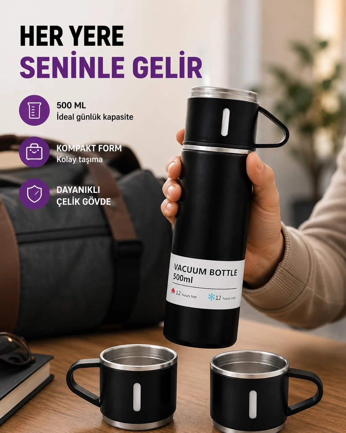 Çelik Termos Bardak Seti | 500 ml Kapasite, Kaymaz Taban, Hediye Kutulu Fiyatı, Yorumları ve Özellikleri