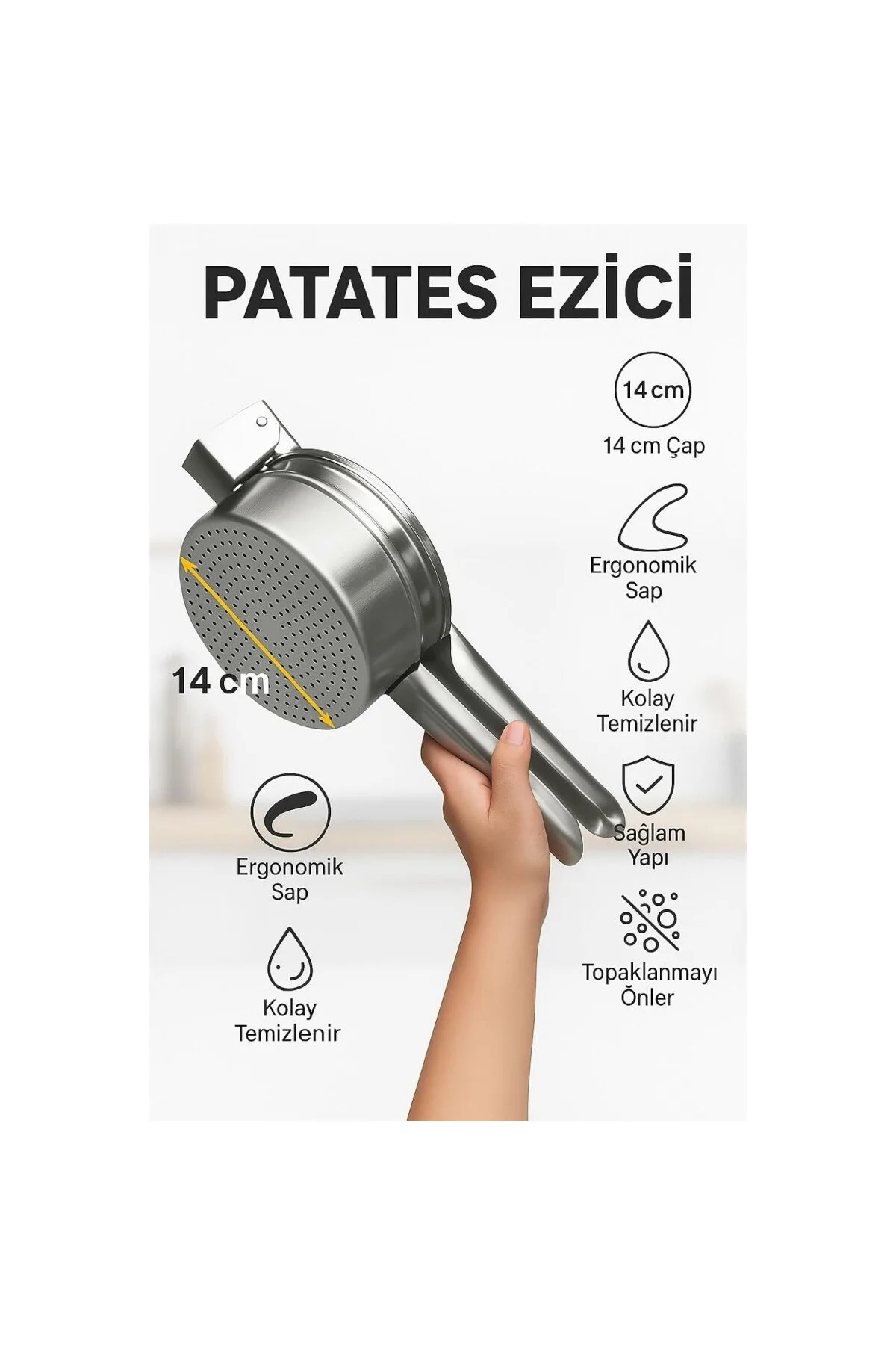Çelik XL Büyük 14 cm. Patates Ezici Püre Yapıcı Meyve Suyu Sıkaca