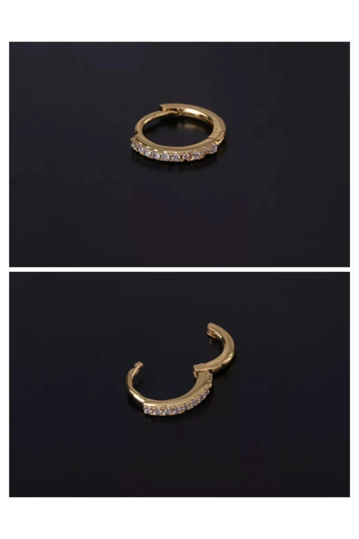 Celik Yarım Tur Zirkon Taşlı Helix Tragus Gold Renk Halka Piercingi