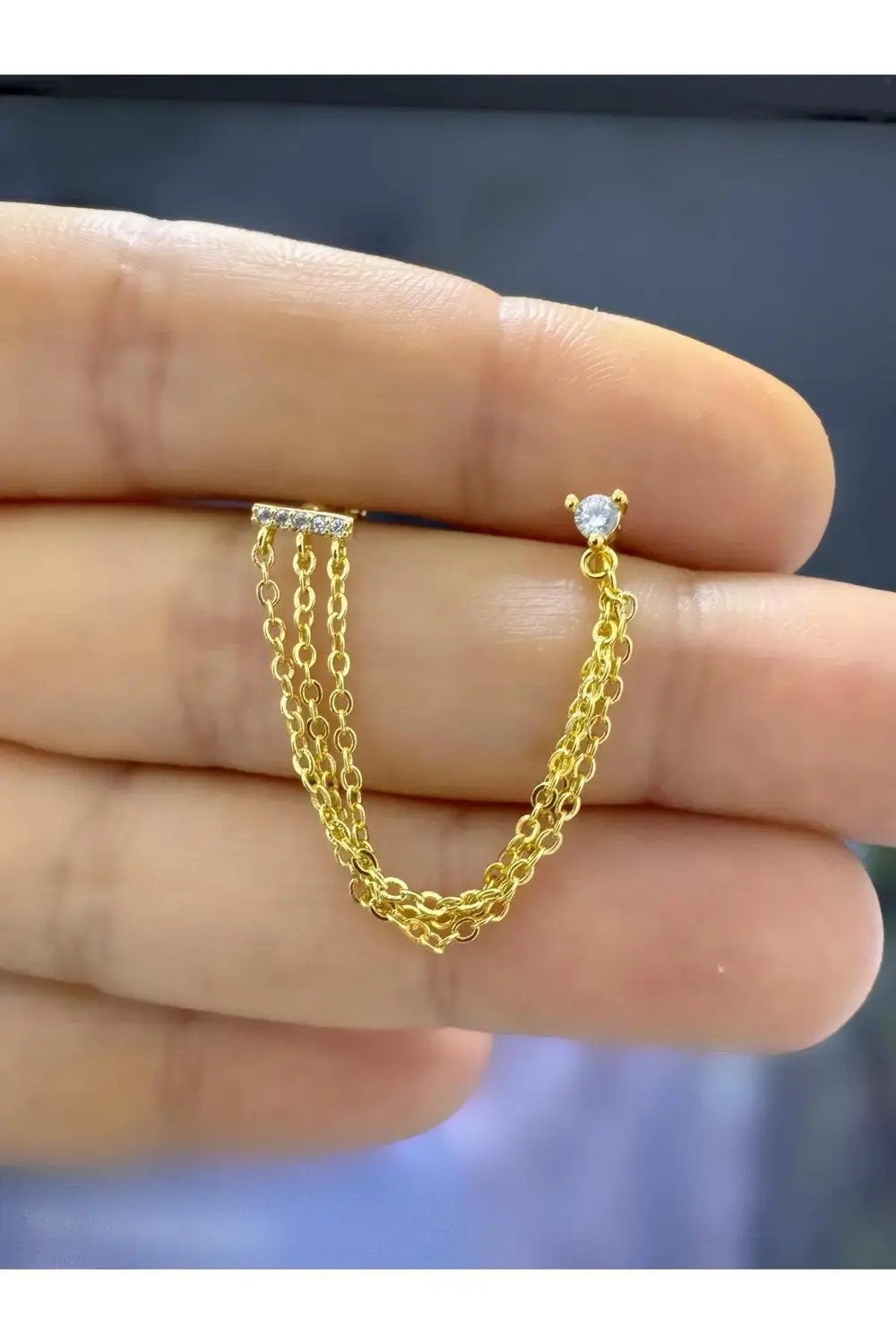 ÇELİK ZİRKON TAŞLI 3 SIRA ZİNCİRLİ İKİLİ HELİX LOBE UYUMLU 1 ADET