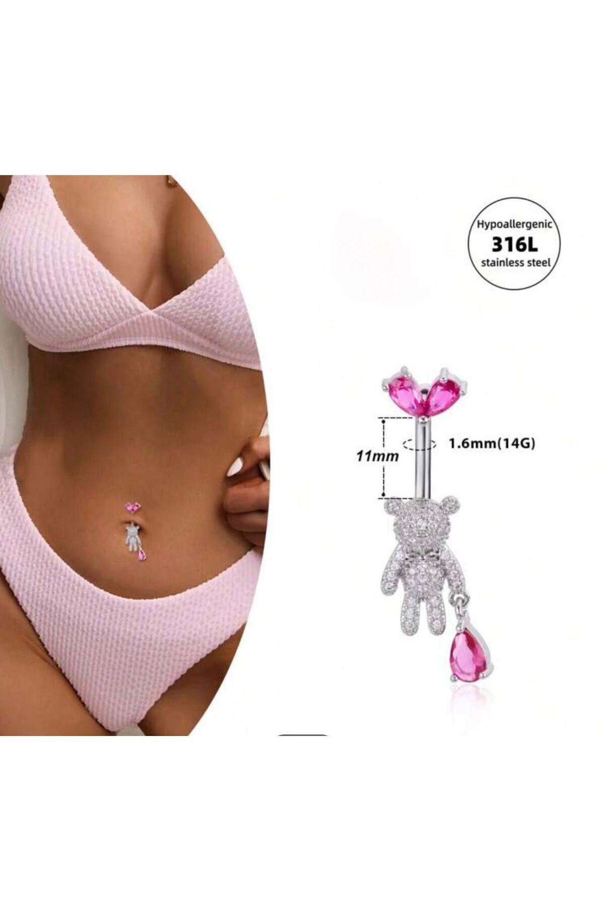 Arescollection Çelik Zirkon Taşlı Ayıcık Göbek Piercingi