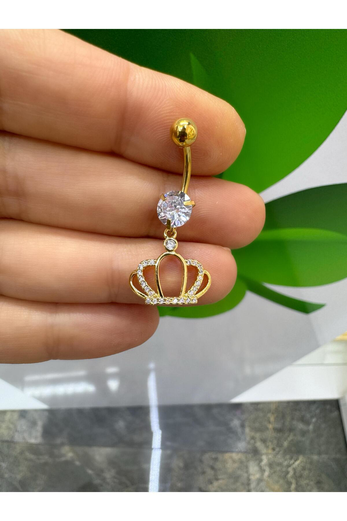 çelik zirkon taşlı kral tacı  göbek piercingi