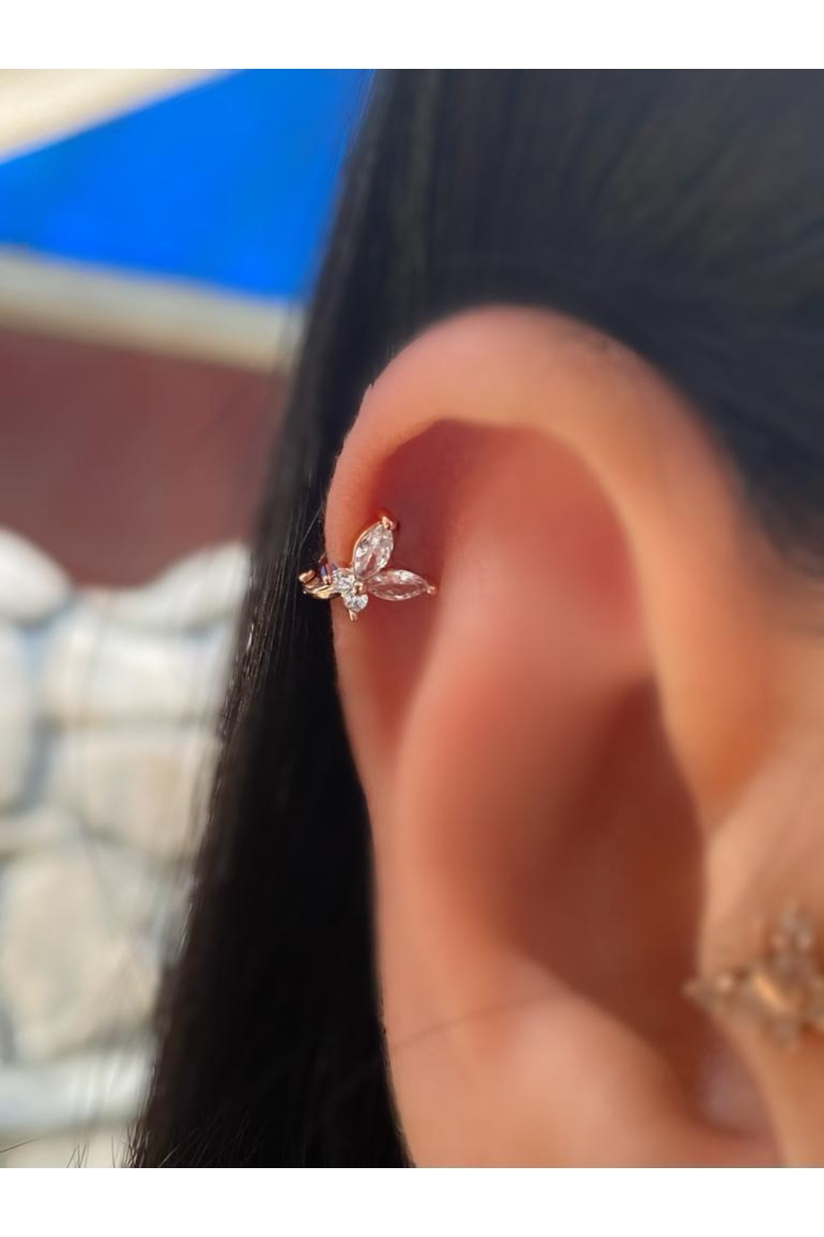 Çelik Zirkon Taşlı Kelebek Tragus Piercing