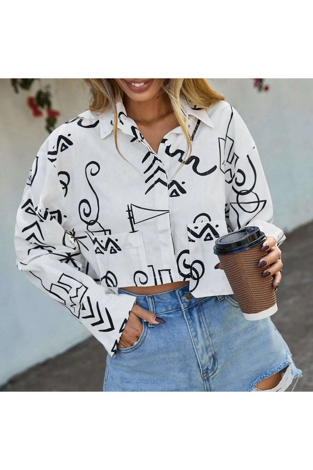 Cep Detaylı Geometrik Baskılı Düğme Kapamalı Uzun Kol Kısa Crop G
