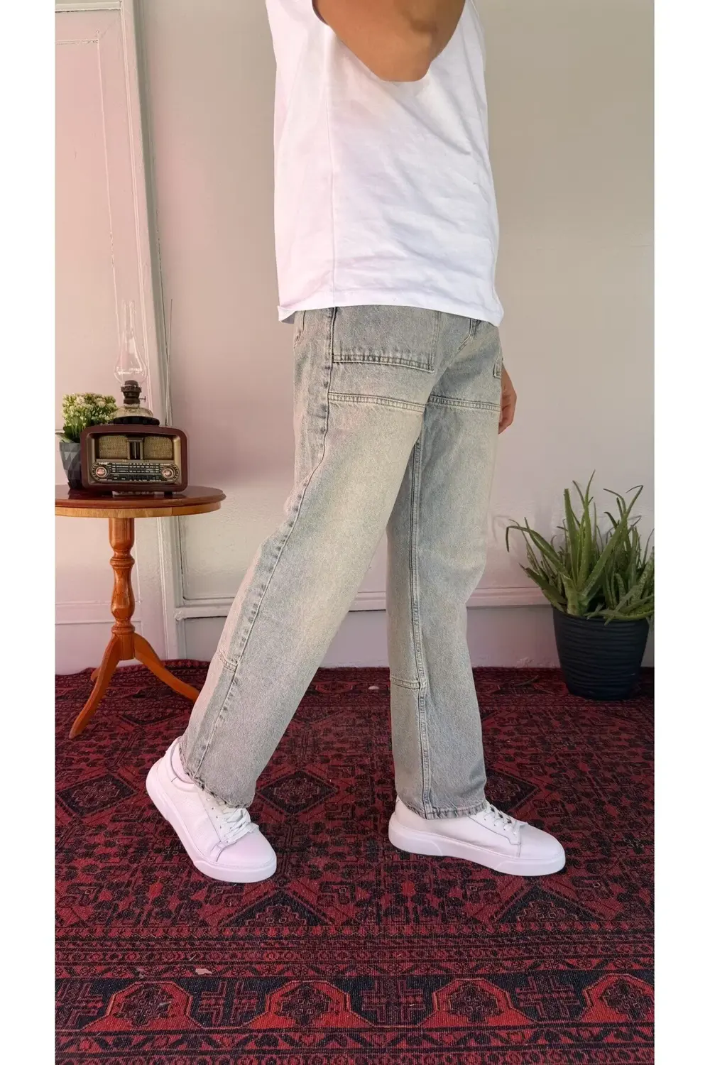 Cep Dikiş Detay Yeşil Yıkamalı Baggy Jean