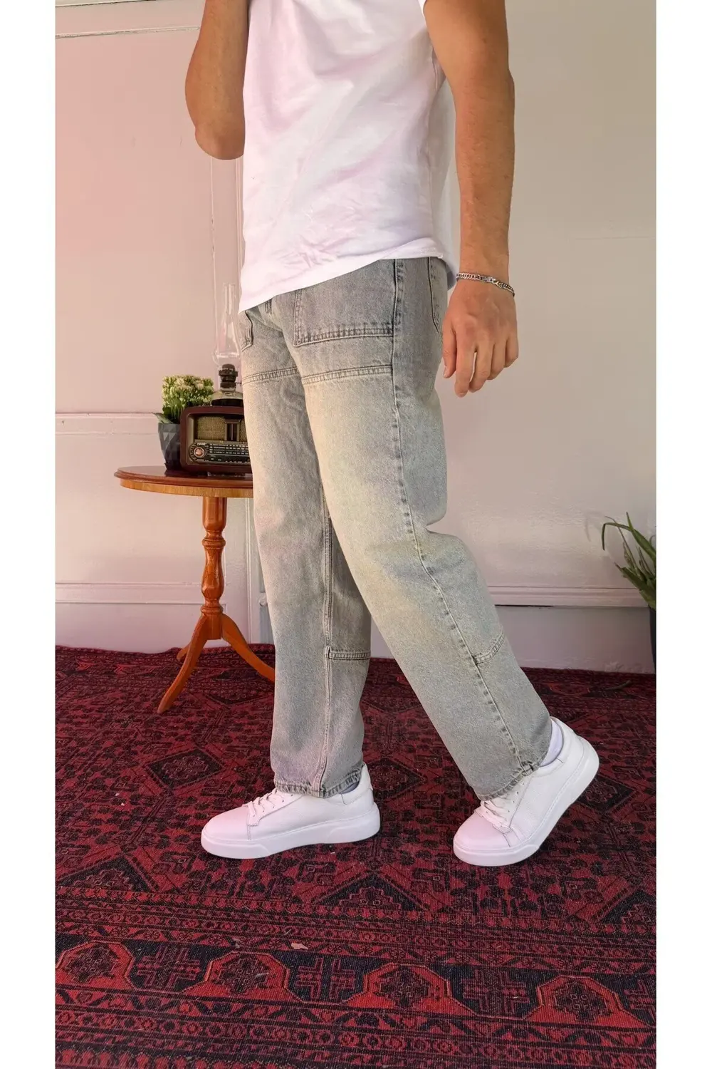 Cep Dikiş Detay Yeşil Yıkamalı Baggy Jean